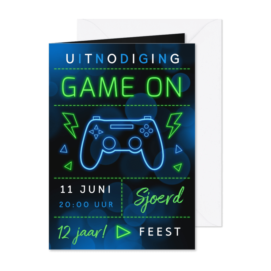 Kinderfeestje uitnodiging game party neon  - Kaartimpressie