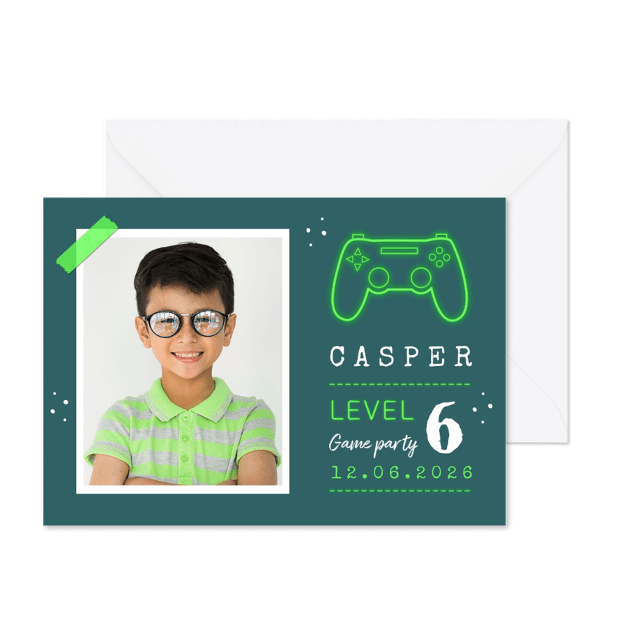 Kinderfeestje uitnodiging games controller groen - Kaartimpressie
