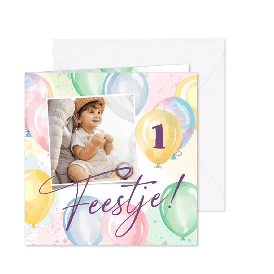 Kinderfeestje uitnodiging gekleurde ballonnen foto paars - Kaartimpressie