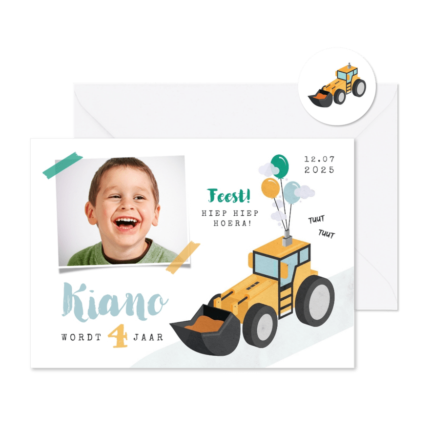 Kinderfeestje uitnodiging graafmachine tractor boerderij - Kaartimpressie