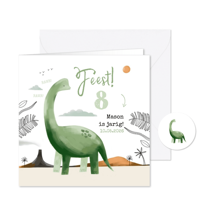 Kinderfeestje uitnodiging groene Brontosaurus jungle - Kaartimpressie