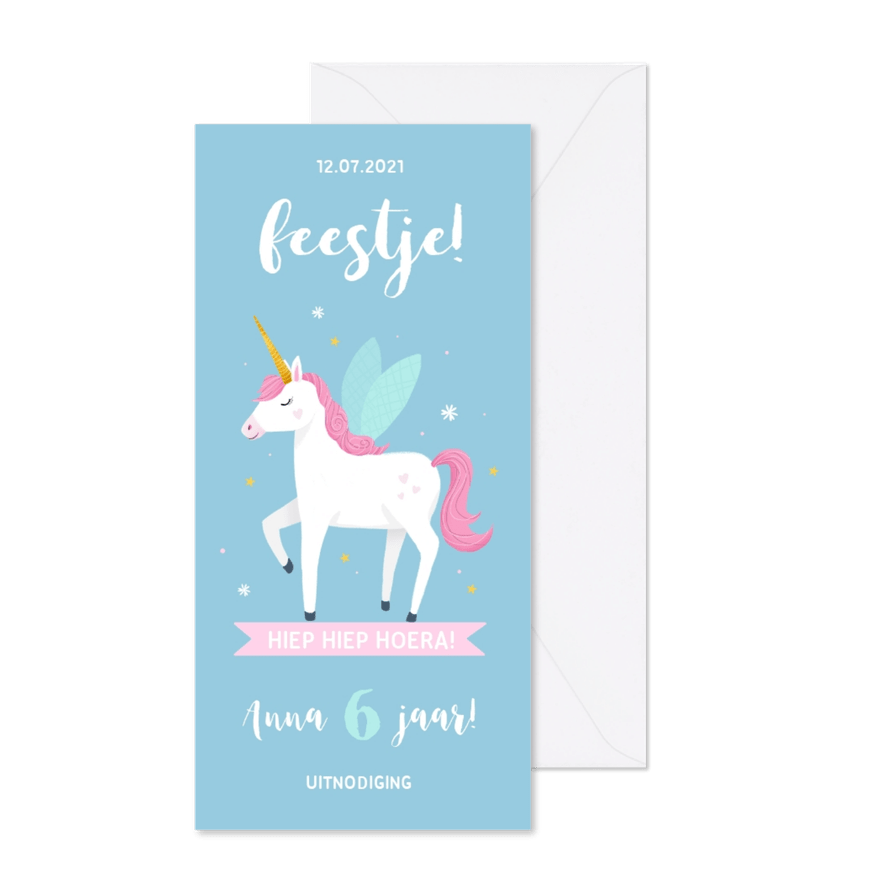 Kinderfeestje uitnodiging hip eenhoorn - Kaartimpressie