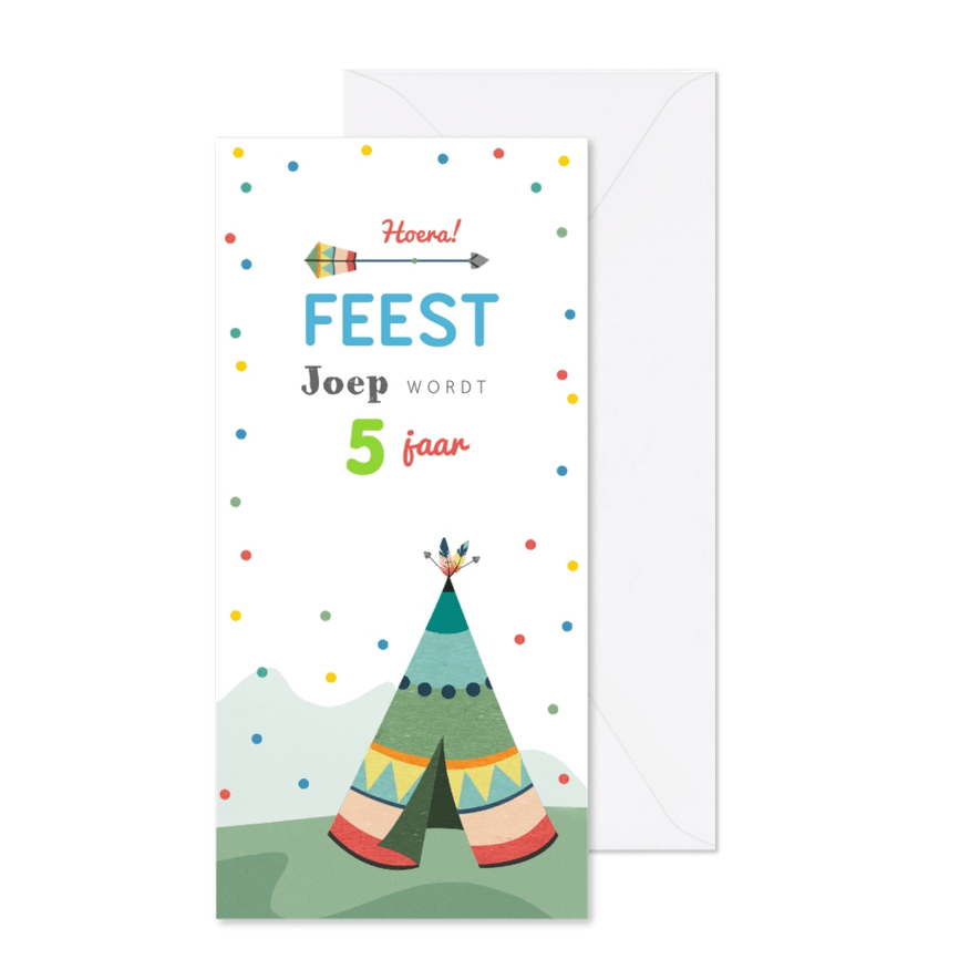 Kinderfeestje uitnodiging hip en vrolijk met confetti - Kaartimpressie