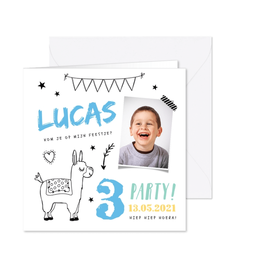 Kinderfeestje uitnodiging hip jongen met alpaca en foto - Kaartimpressie