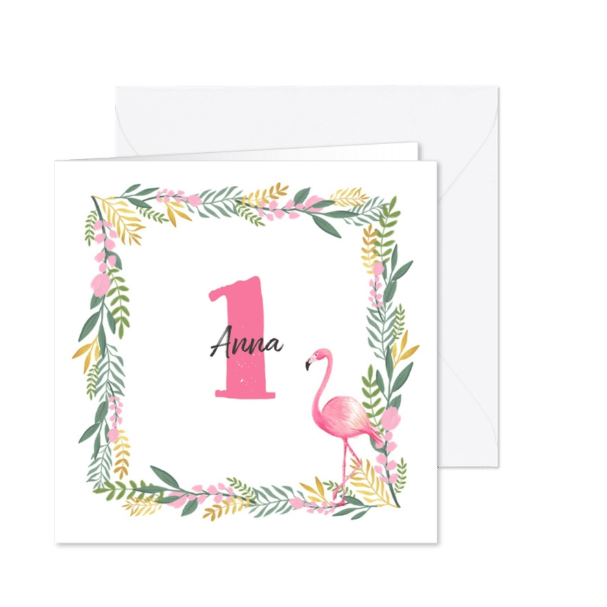Kinderfeestje uitnodiging hip met flamingo en bloemen - Kaartimpressie