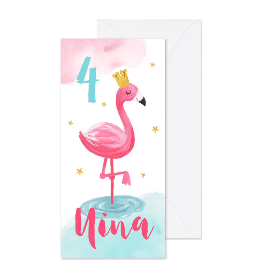 Kinderfeestje uitnodiging hip voor een meisje met flamingo - Kaartimpressie