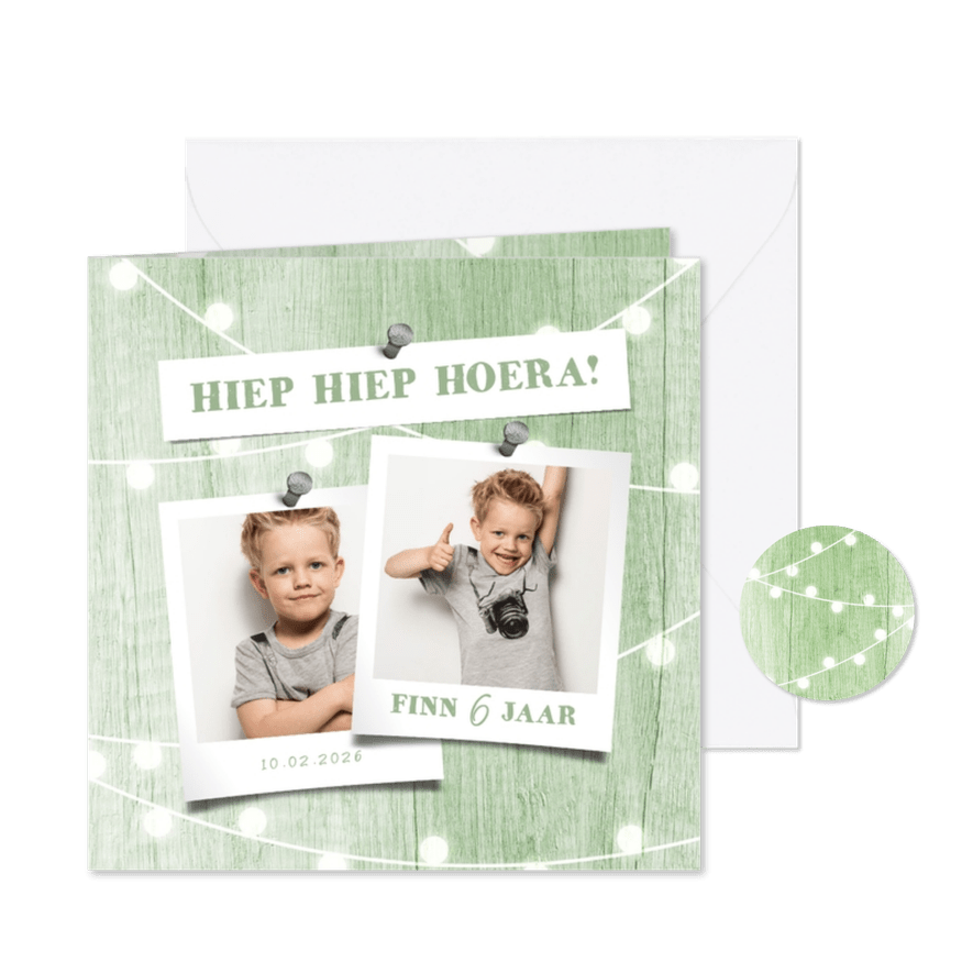 Kinderfeestje uitnodiging houtlook groen lampjes met foto - Kaartimpressie