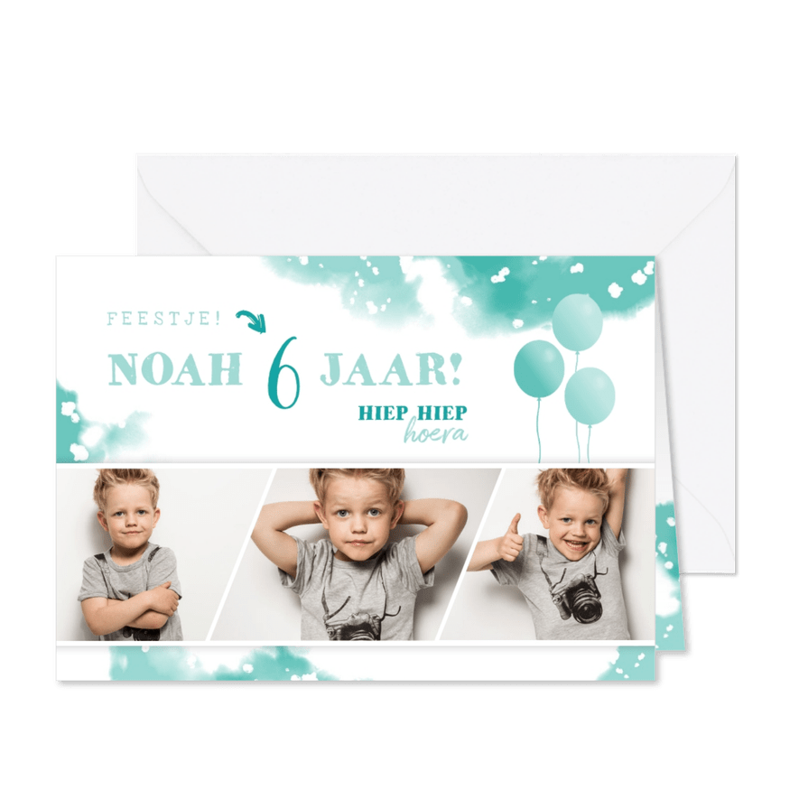 Kinderfeestje uitnodiging in groen fotostrip ballonnen - Kaartimpressie