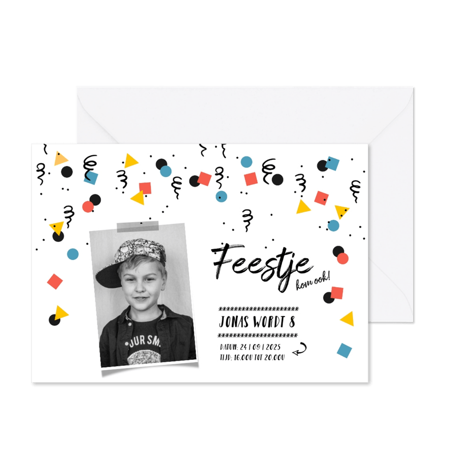 Kinderfeestje uitnodiging jongen confetti zwart-wit - Kaartimpressie