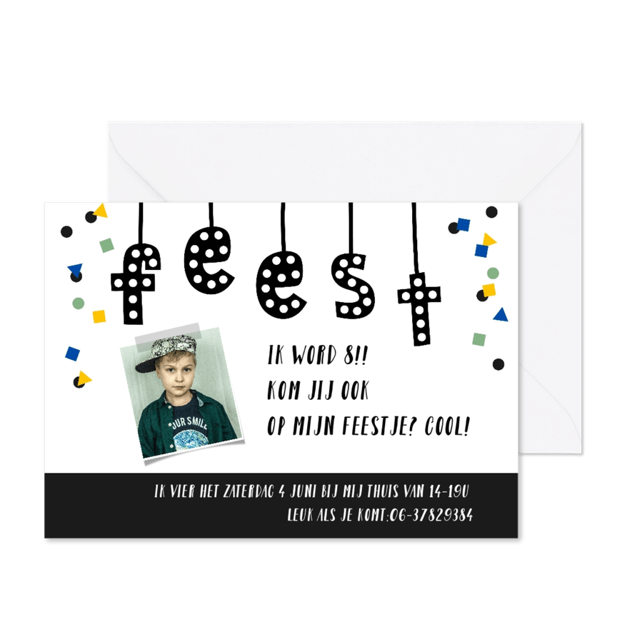 Kinderfeestje uitnodiging jongen feest confetti - Kaartimpressie