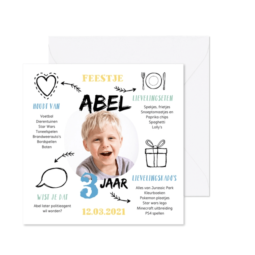 Kinderfeestje uitnodiging jongen met foto en leuke weetjes - Kaartimpressie