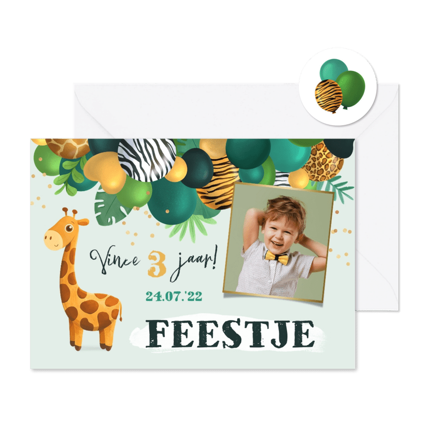 Kinderfeestje uitnodiging jungle ballonnen foto giraf goud - Kaartimpressie