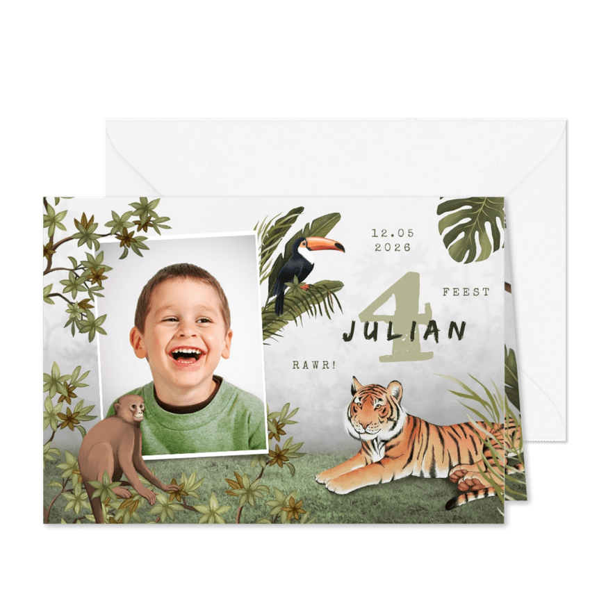 Kinderfeestje uitnodiging jungle dieren tropisch foto - Kaartimpressie