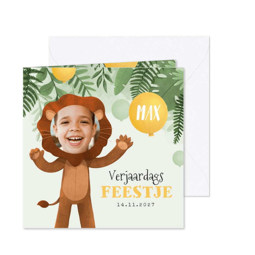 Kinderfeestje uitnodiging jungle leeuw ballonnen - Kaartimpressie