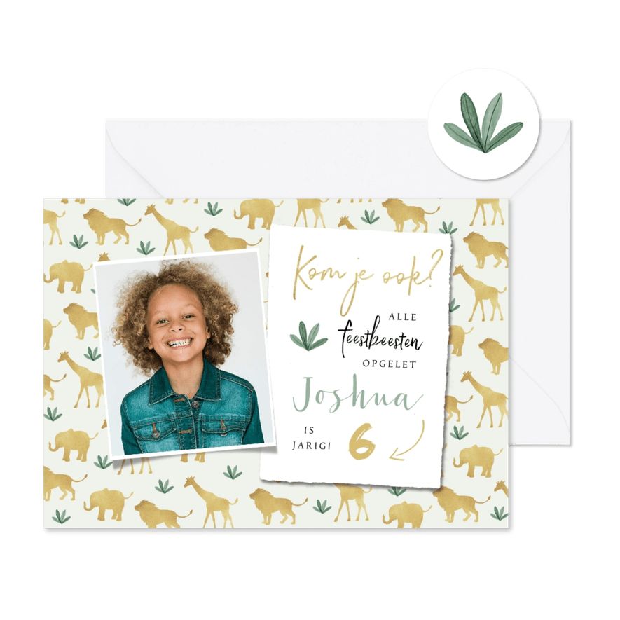 Kinderfeestje uitnodiging jungle leeuw olifant giraf foto - Kaartimpressie