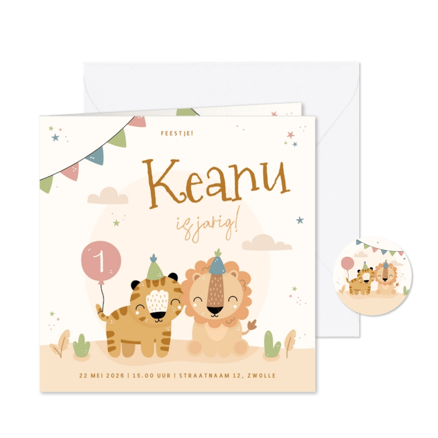 Kinderfeestje uitnodiging jungle met feestende diertjes - Kaartimpressie
