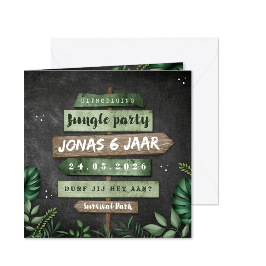 Kinderfeestje uitnodiging jungle wegwijzers krijt - Kaartimpressie