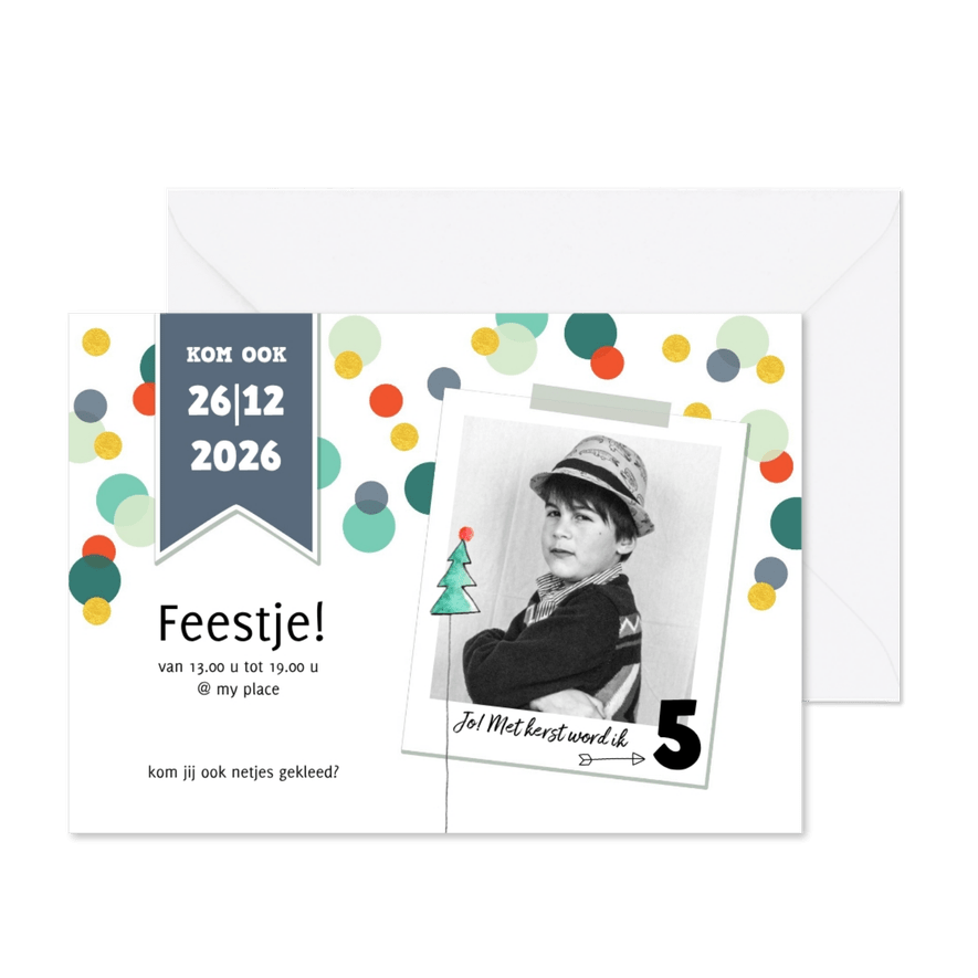 Kinderfeestje uitnodiging kerst jongen confetti - Kaartimpressie