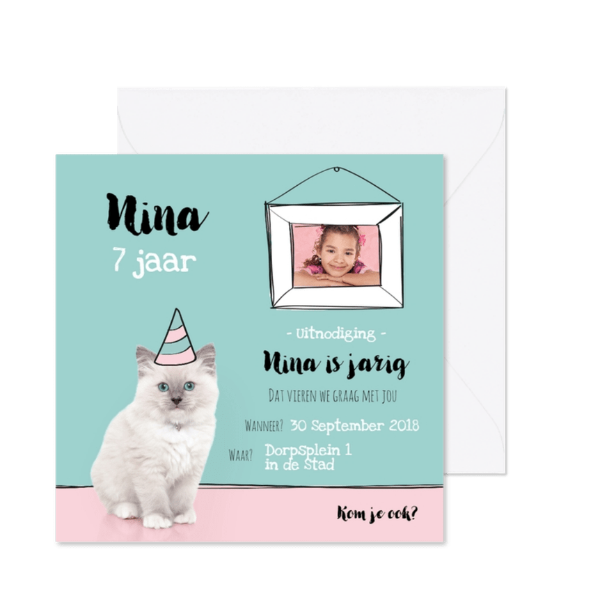 Kinderfeestje - Uitnodiging kitten met eigen foto - Kaartimpressie
