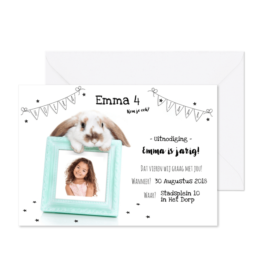 Kinderfeestje - Uitnodiging konijn fotolijstje - Kaartimpressie