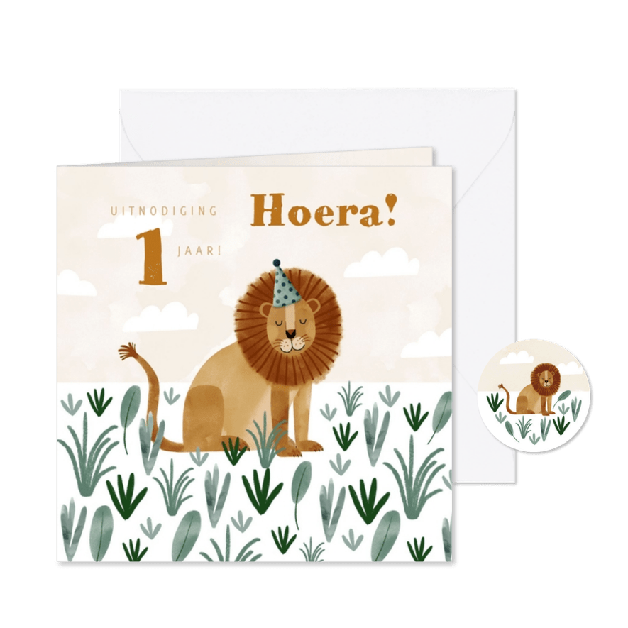 Kinderfeestje uitnodiging leeuw en jungle bladeren - Kaartimpressie