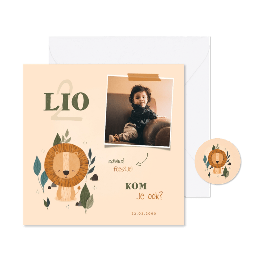 Kinderfeestje uitnodiging leeuwtje jungle met foto - Kaartimpressie