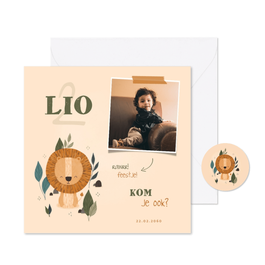 Kinderfeestje uitnodiging leeuwtje jungle met foto - Kaartimpressie