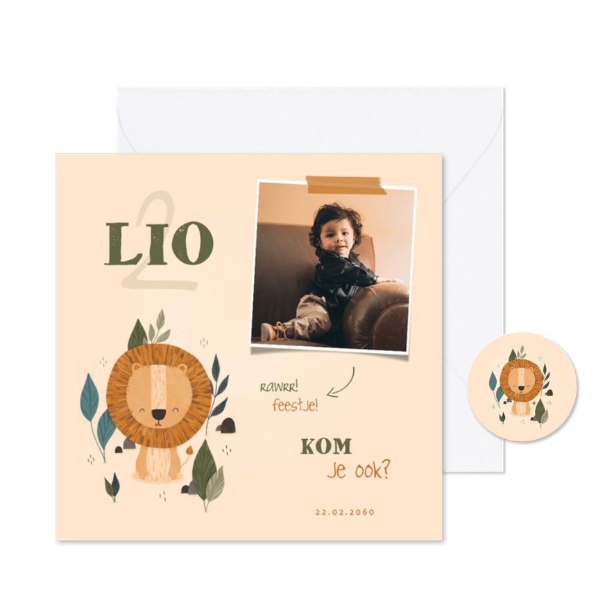 Kinderfeestje uitnodiging leeuwtje jungle met foto - Kaartimpressie