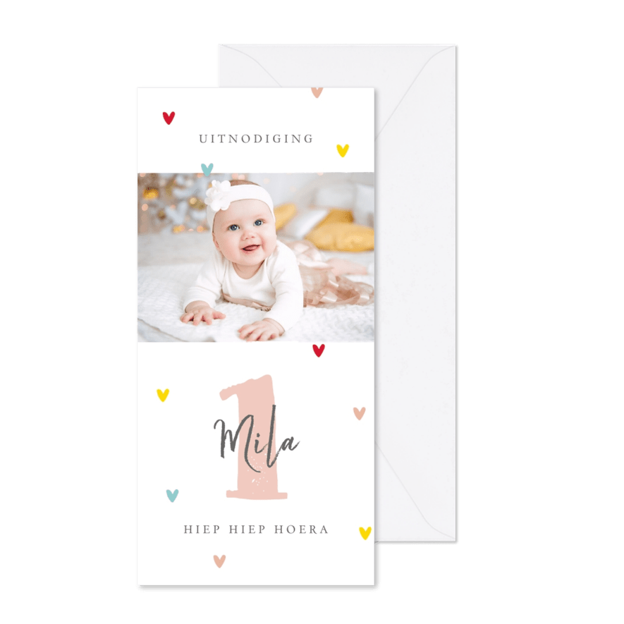 Kinderfeestje uitnodiging lief hartjes kleuren foto - Kaartimpressie