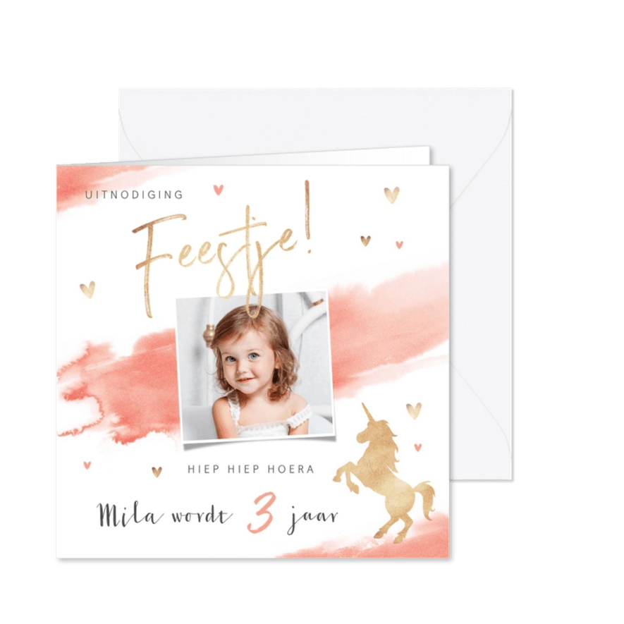 Kinderfeestje uitnodiging lief roze met hartjes en eenhoorn - Kaartimpressie