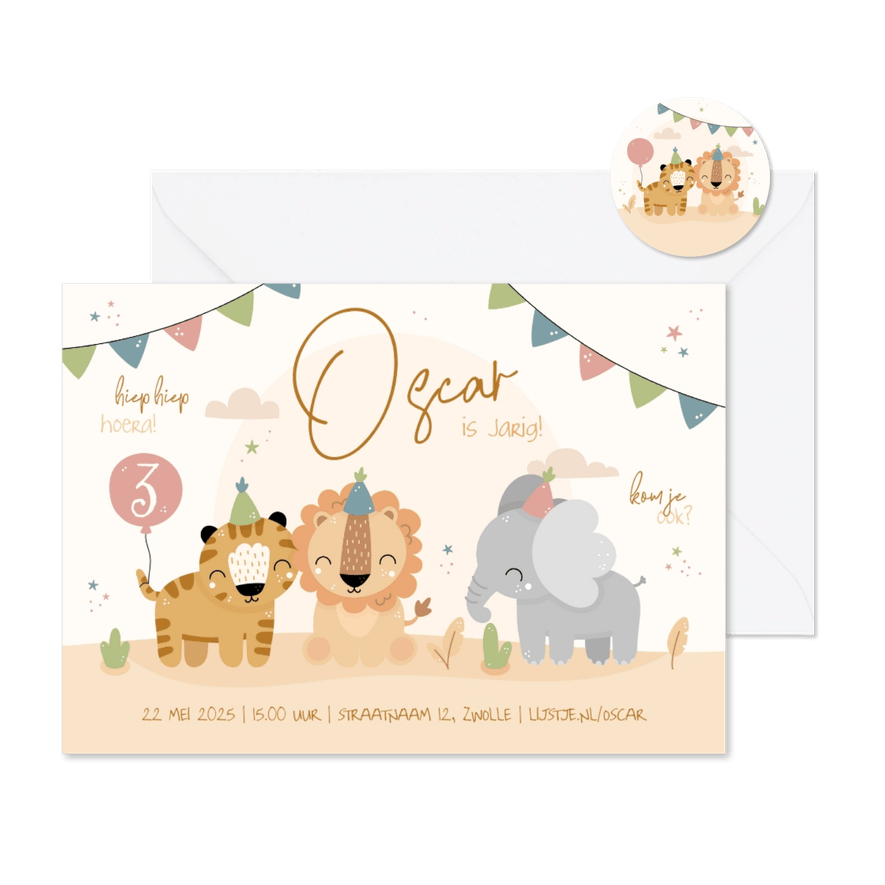 Kinderfeestje uitnodiging liggend met feestende diertjes  - Kaartimpressie