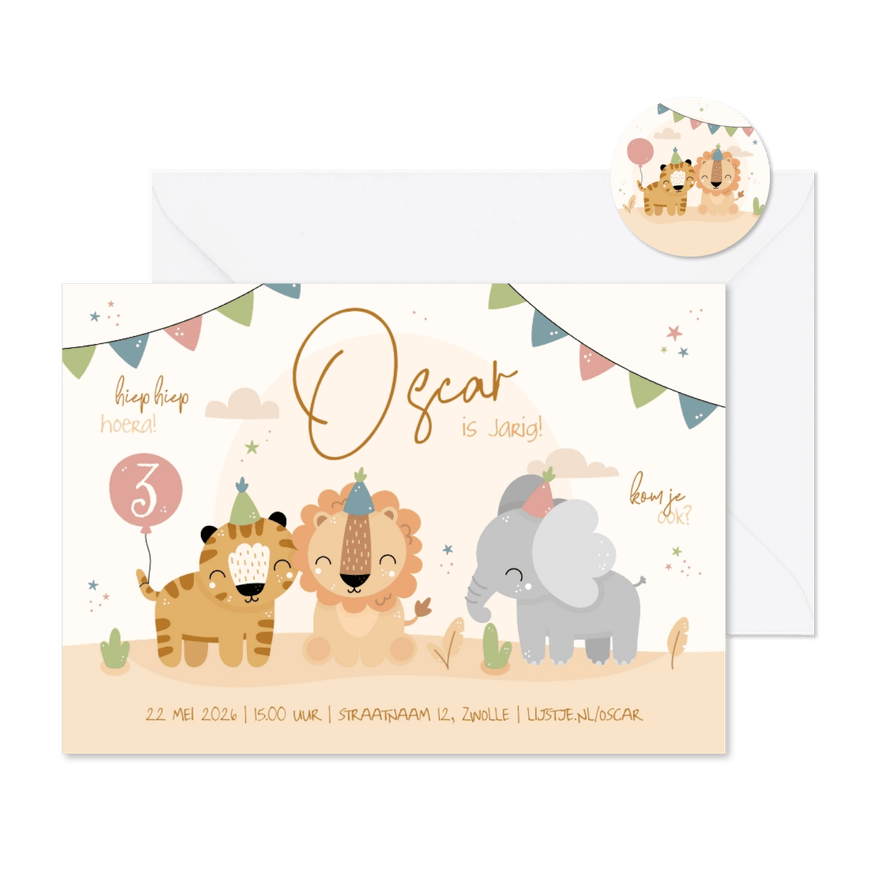 Kinderfeestje uitnodiging liggend met feestende diertjes - Kaartimpressie