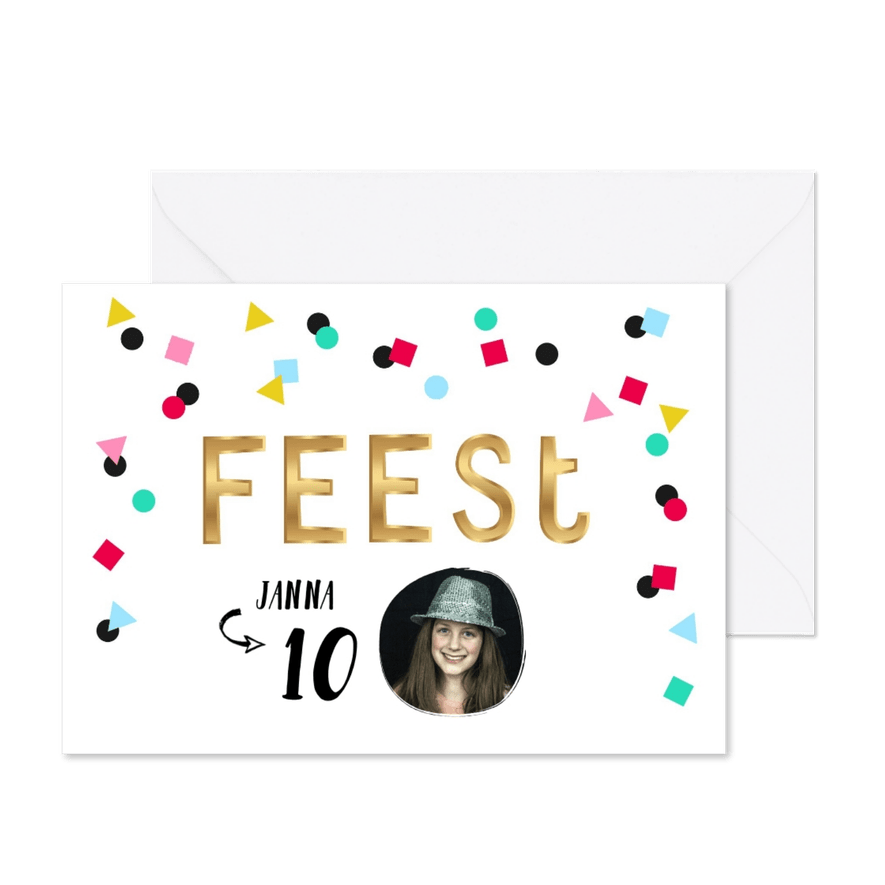 Kinderfeestje uitnodiging meisje confetti goud - Kaartimpressie