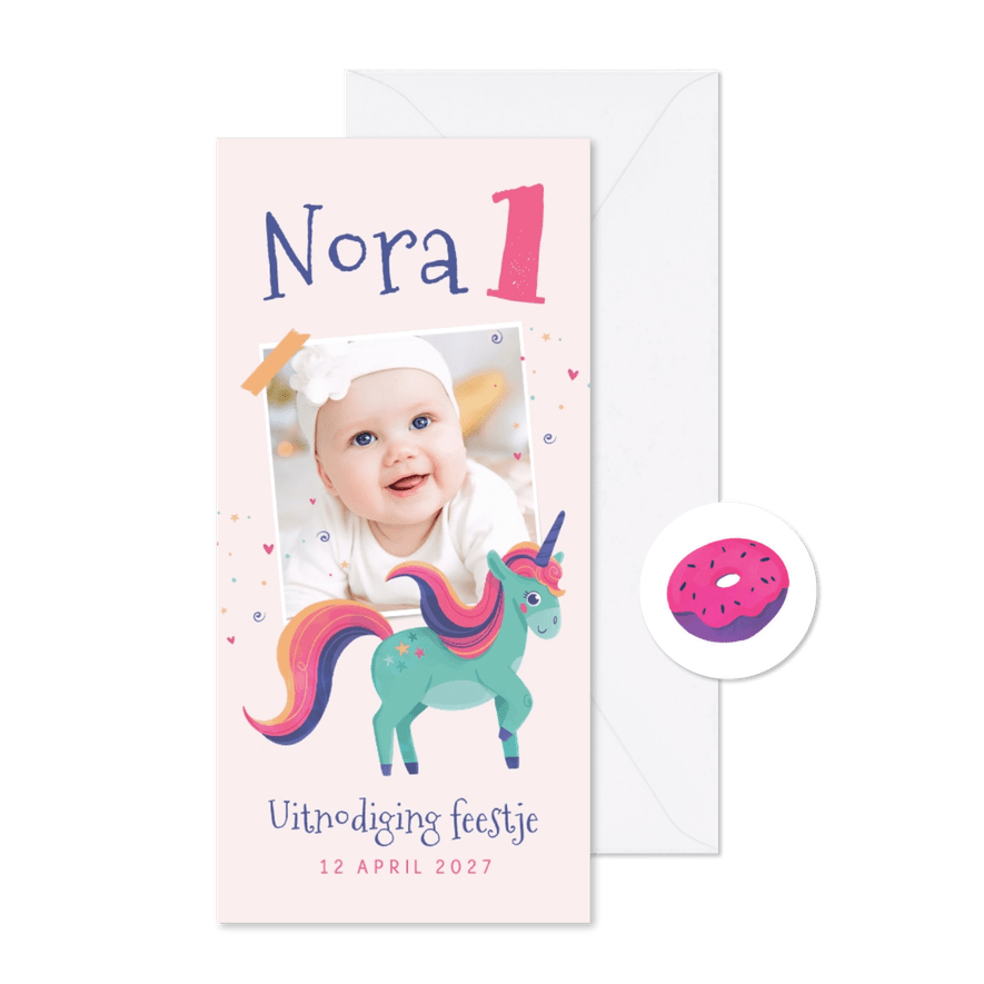 Kinderfeestje uitnodiging meisje eenhoorn foto confetti - Kaartimpressie
