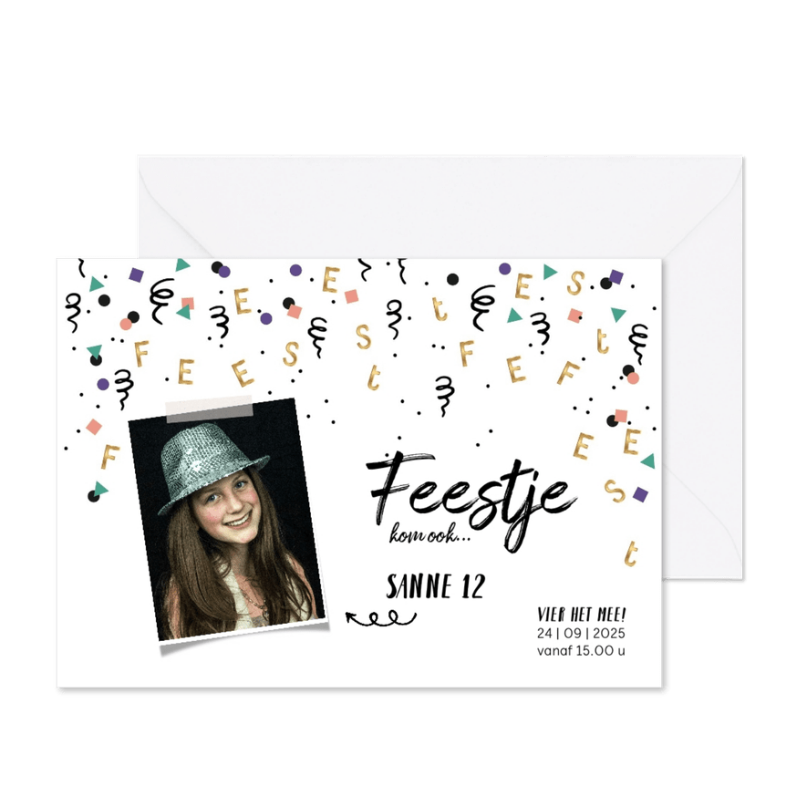 Kinderfeestje uitnodiging meisje feest confetti goud - Kaartimpressie