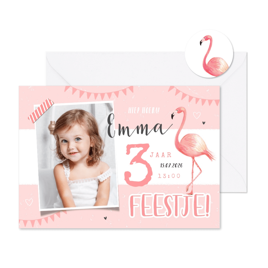 Kinderfeestje uitnodiging meisje flamingo lief hip foto - Kaartimpressie