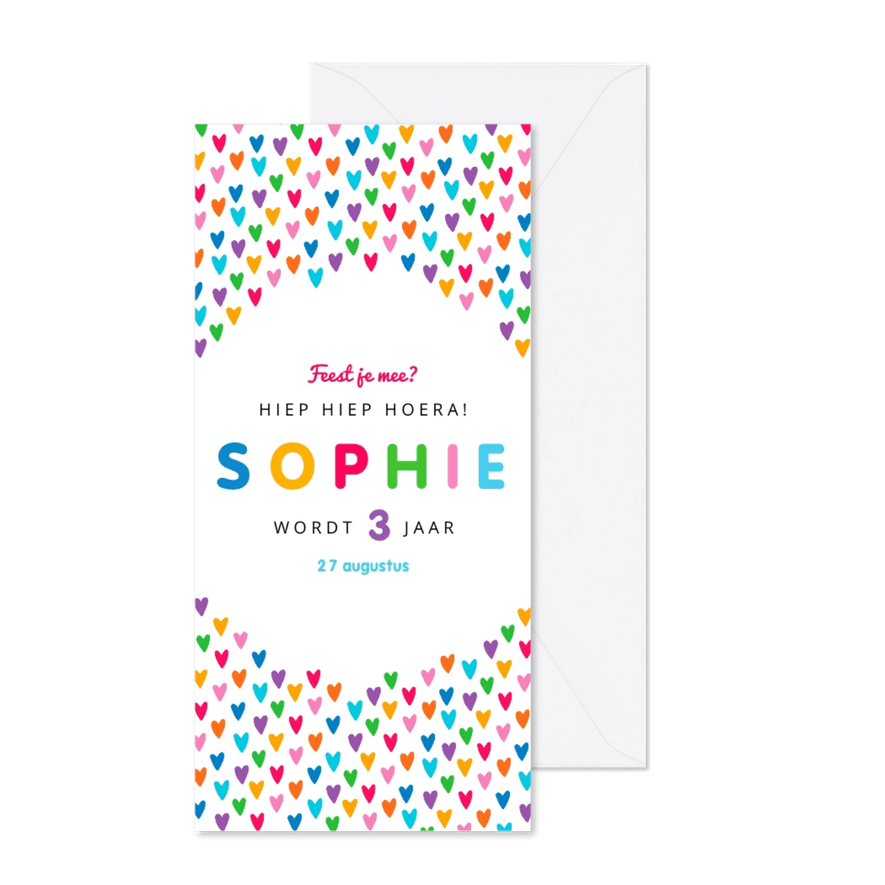 Kinderfeestje uitnodiging meisje kleurrijk met hartjes - Kaartimpressie