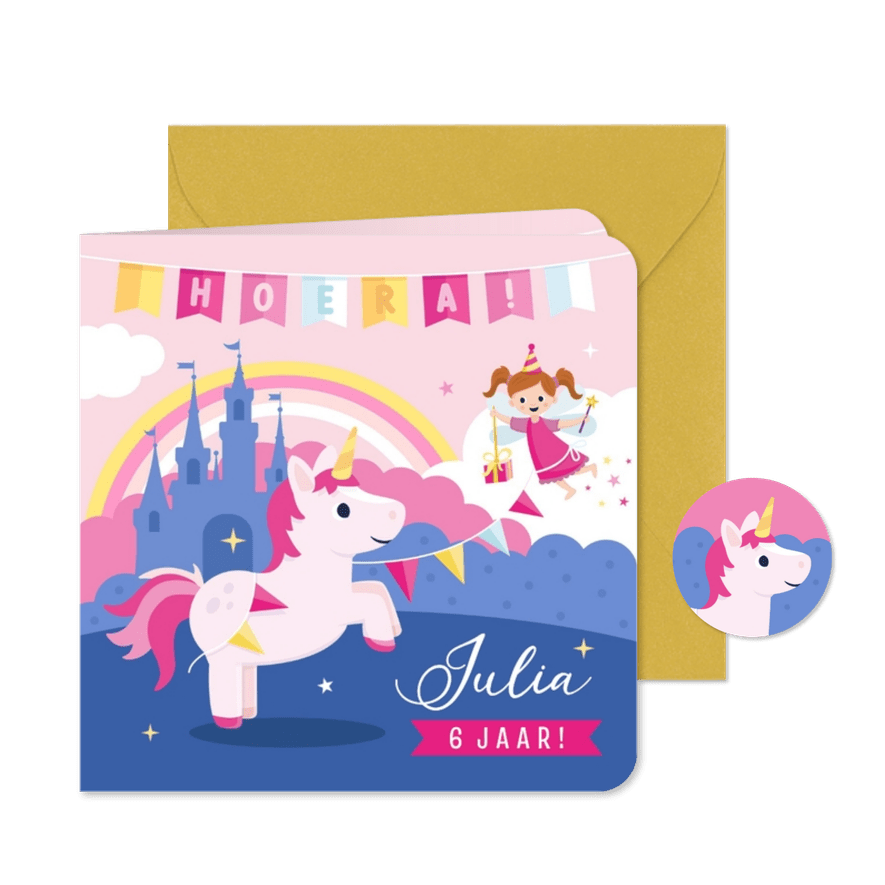 Kinderfeestje uitnodiging meisje met lieve eenhoorn en fee - Kaartimpressie