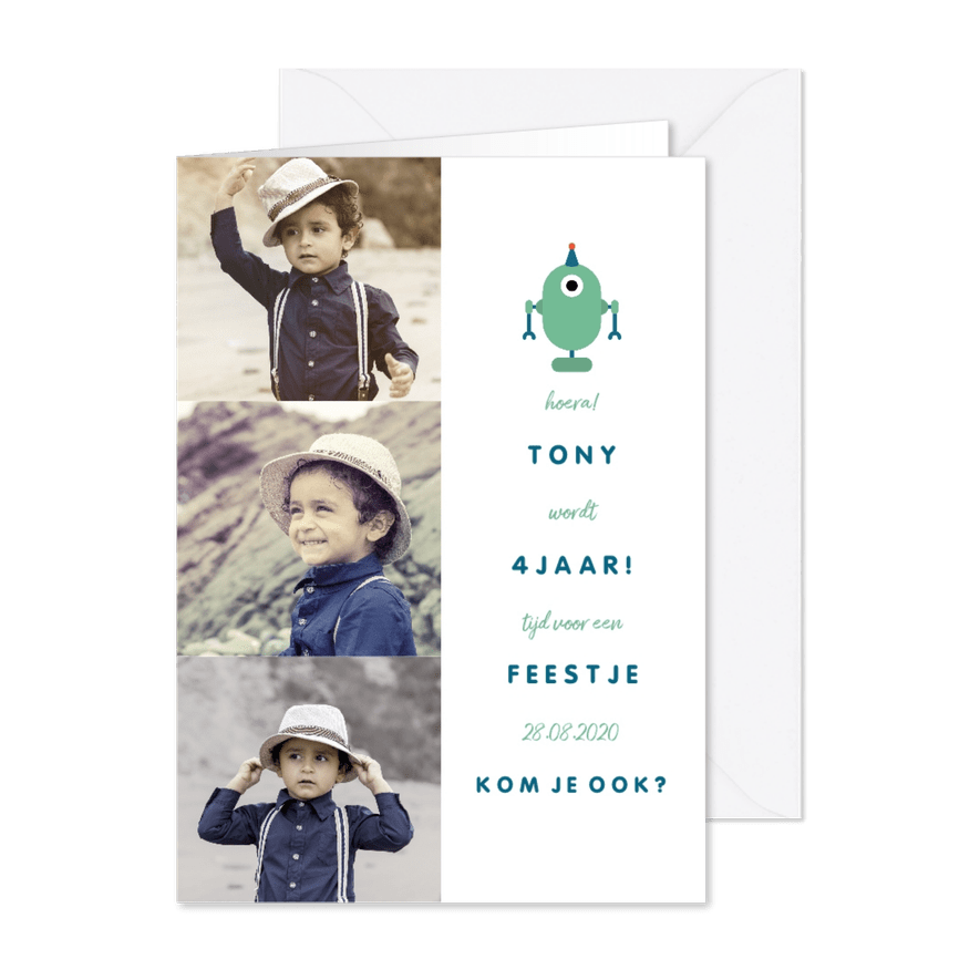 Kinderfeestje uitnodiging met 3 foto's en een robot - Kaartimpressie