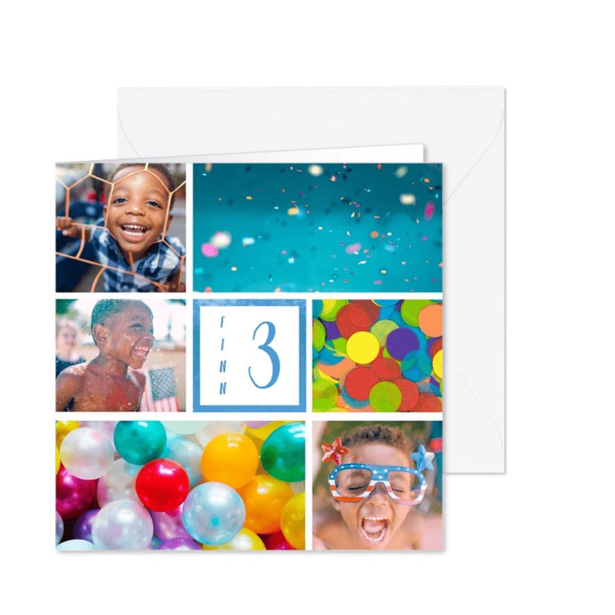 Kinderfeestje uitnodiging met 6 foto's blauw - Kaartimpressie