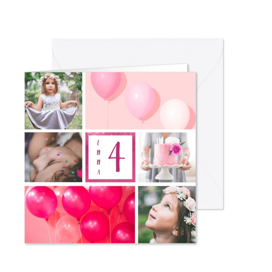 Kinderfeestje uitnodiging met 6 foto's roze - Kaartimpressie