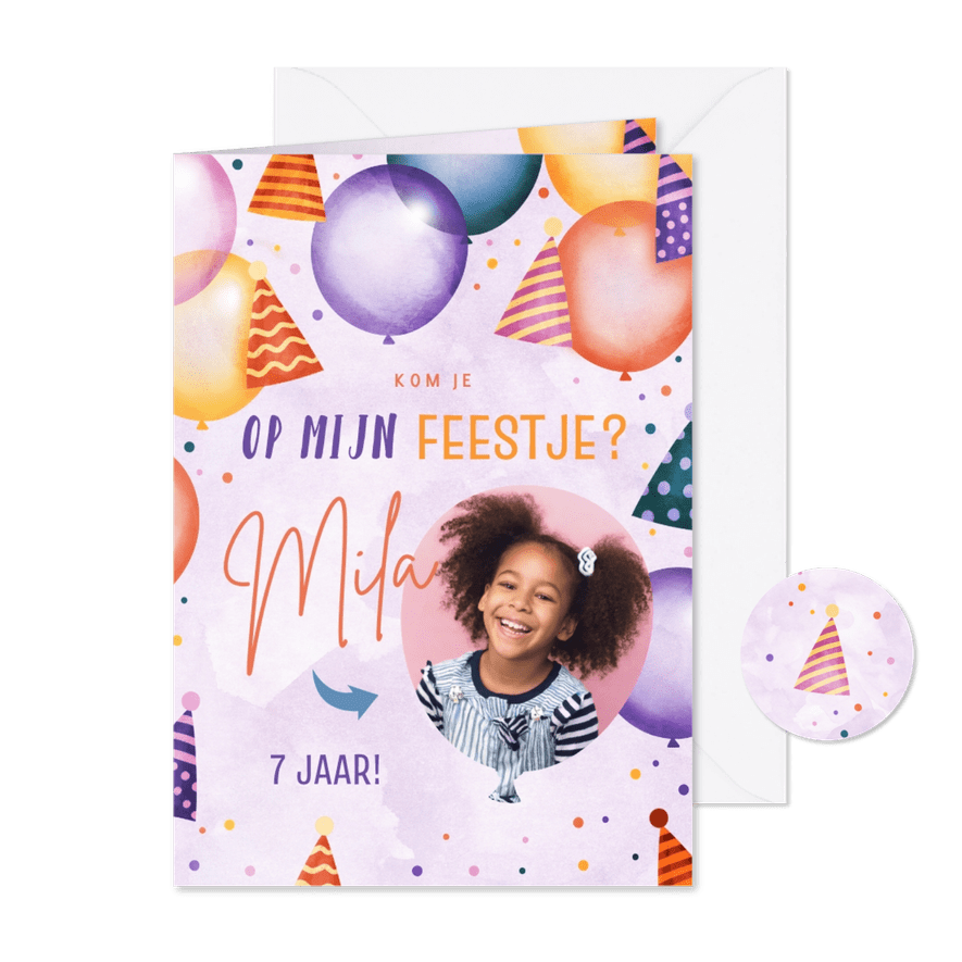 Kinderfeestje uitnodiging met ballonnen en hoedjes vrolijk - Kaartimpressie