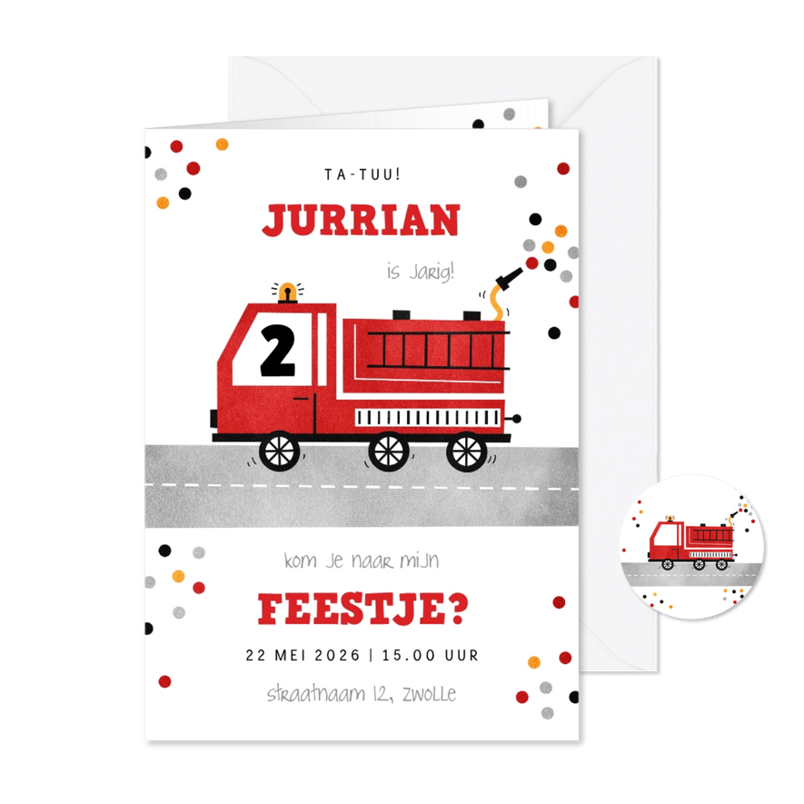 Kinderfeestje uitnodiging met brandweer thema - Kaartimpressie