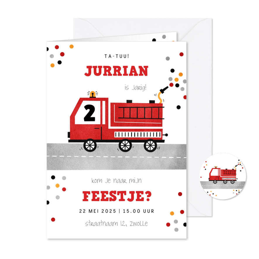 Kinderfeestje uitnodiging met brandweer thema - Kaartimpressie