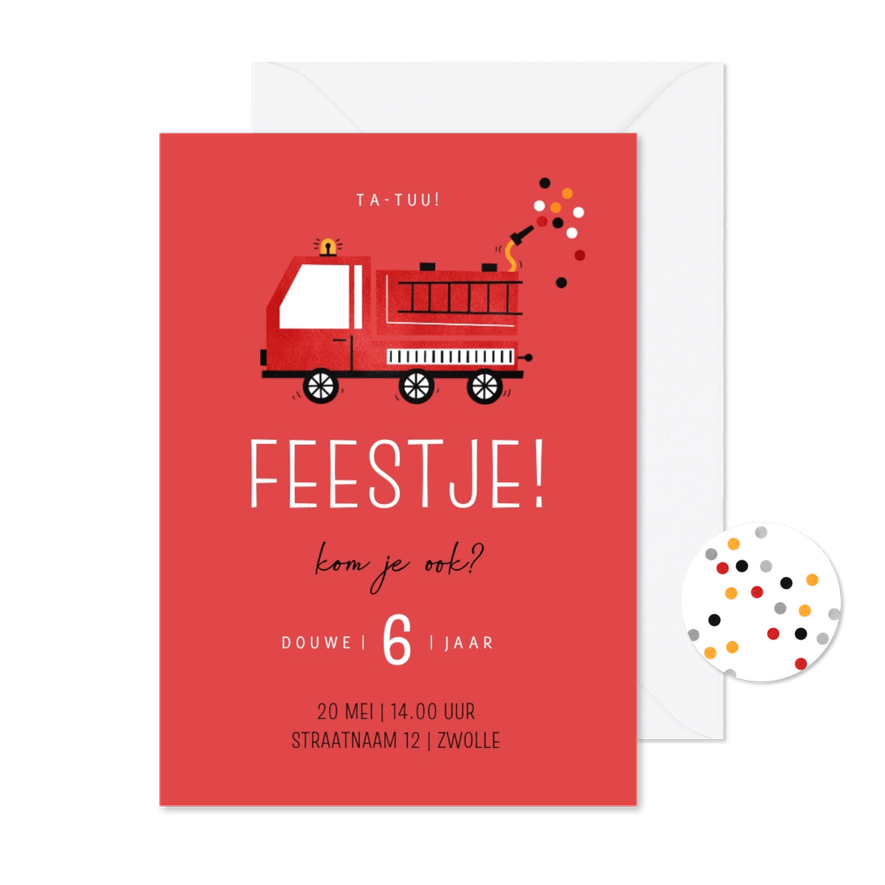 Kinderfeestje uitnodiging met brandweerauto - Kaartimpressie