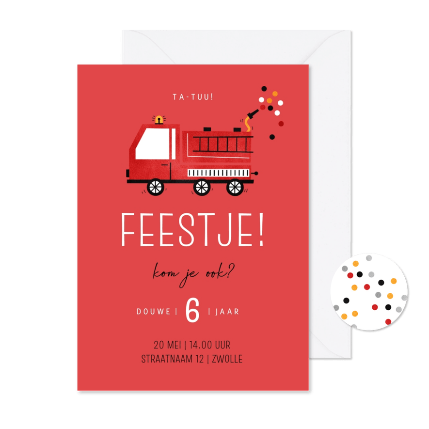Kinderfeestje uitnodiging met brandweerauto - Kaartimpressie
