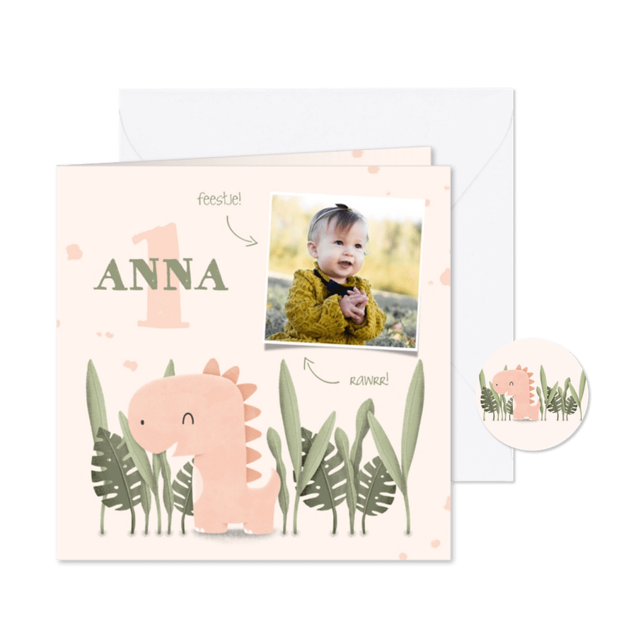 Kinderfeestje uitnodiging met foto en dinosaurus jungle - Kaartimpressie