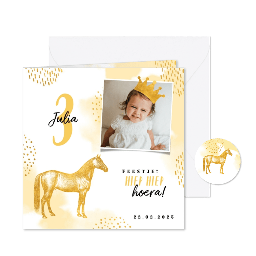 Kinderfeestje uitnodiging met foto, paard en kroontje - Kaartimpressie