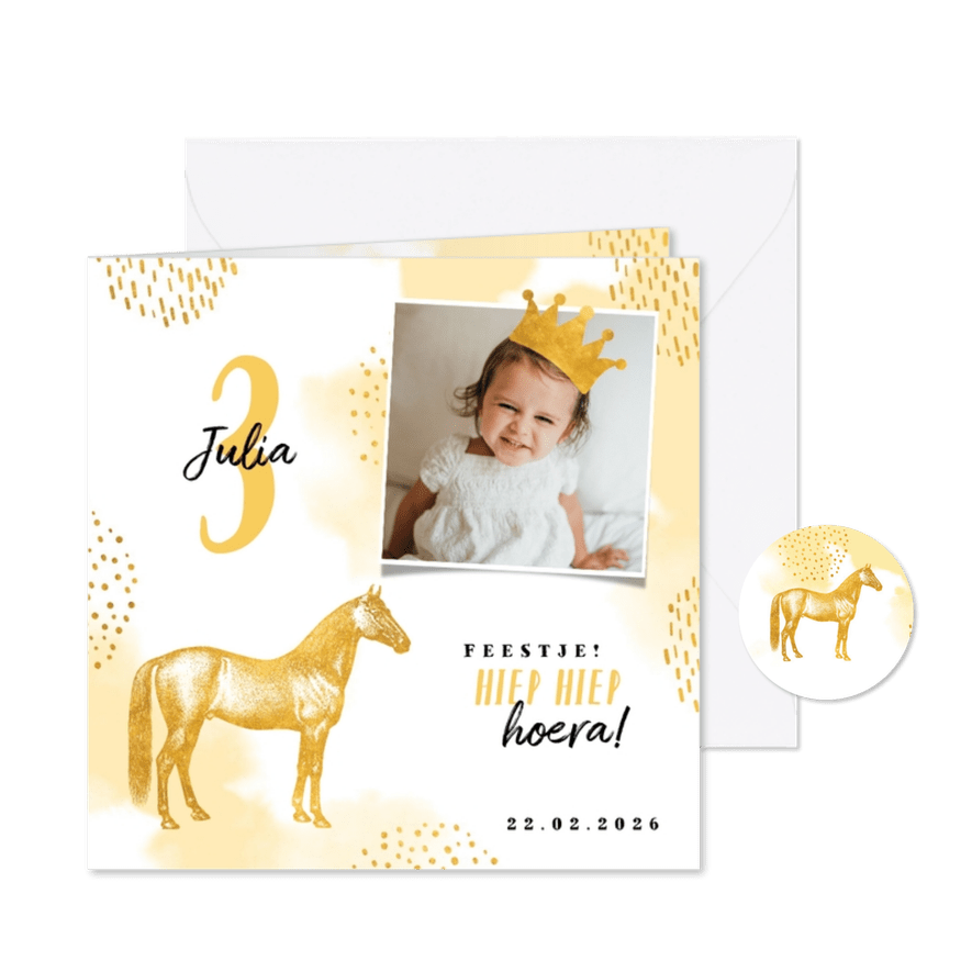 Kinderfeestje uitnodiging met foto, paard en kroontje - Kaartimpressie