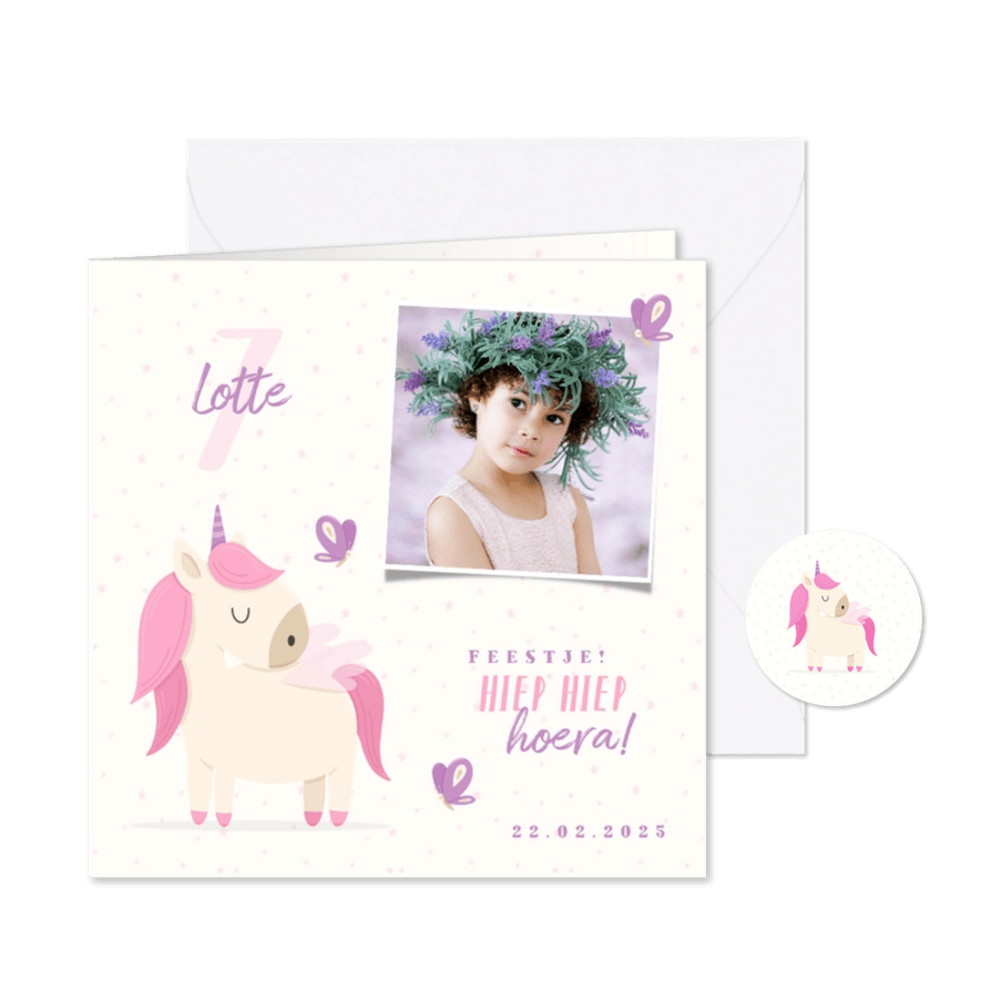 Kinderfeestje uitnodiging met foto, unicorn en vlinders - Kaartimpressie